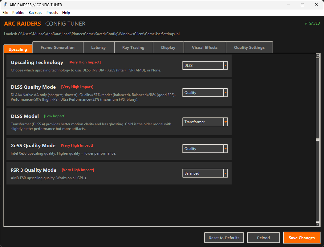 Arc Raiders Config Tuner interface showing Upscaling settings with DLSS, XeSS, and FSR options