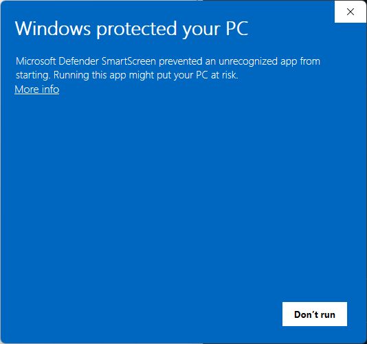 Windows SmartScreen warning dialog - click More info