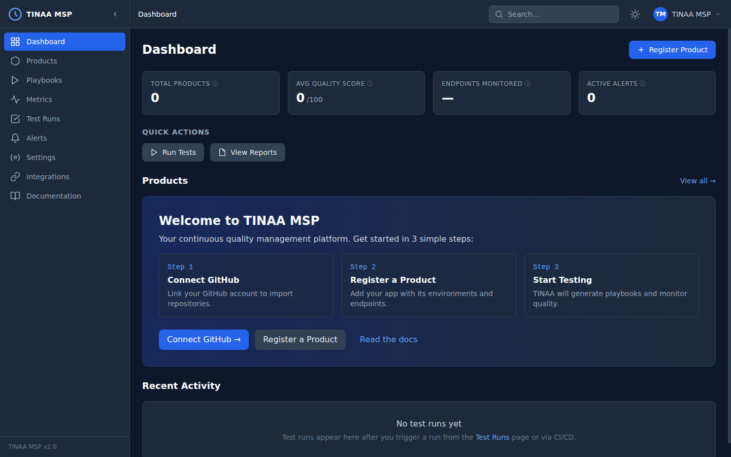 TINAA MSP Dashboard — quality score, agent status, and recent test runs