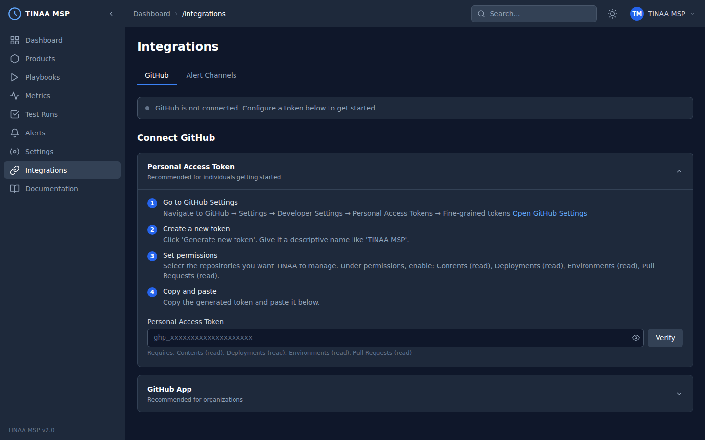 GitHub integration setup screen