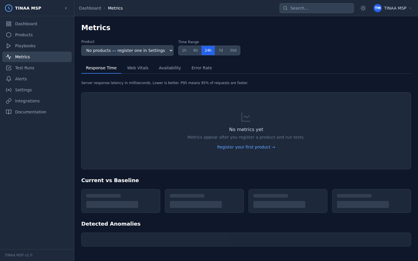Metrics view with time range selector and Web Vitals tabs