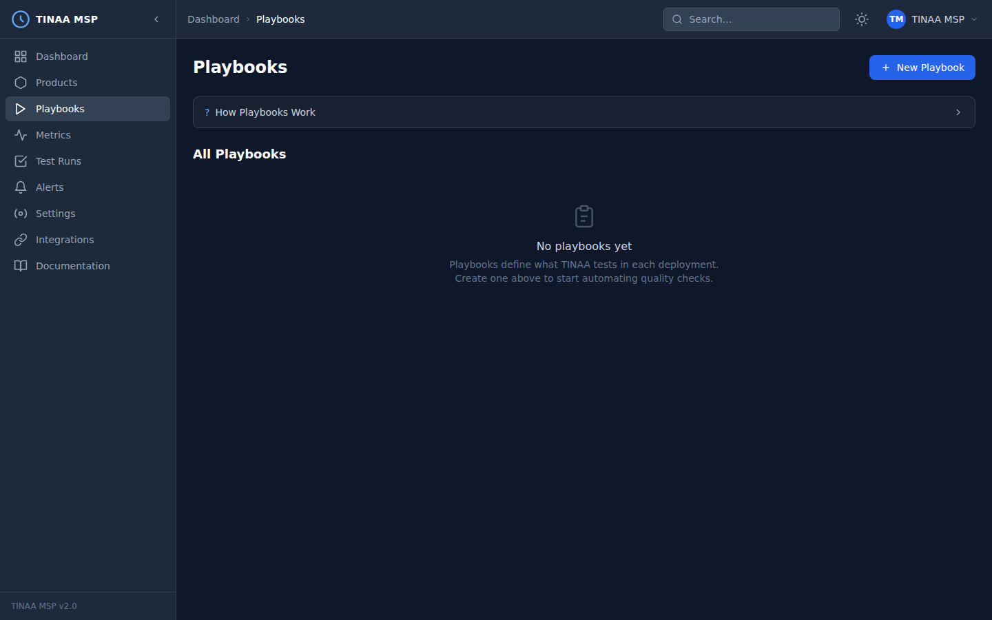 Playbooks page showing registered test playbooks and their status