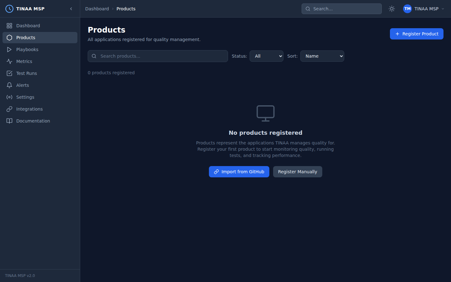 Products page showing registered applications and their quality scores