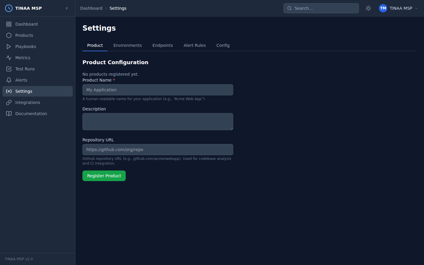 Settings page showing integration and system configuration options
